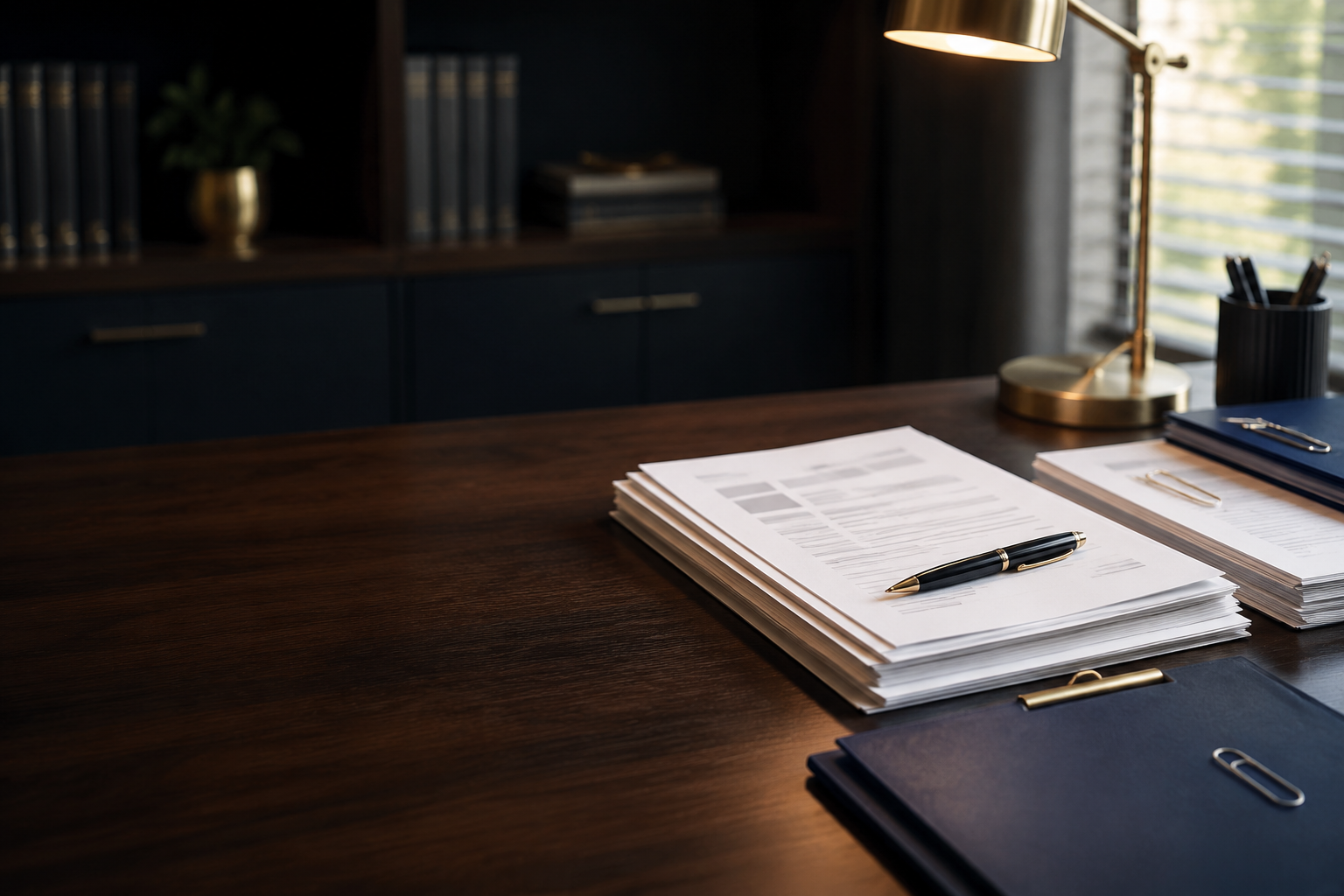 Organized legal documents and a pen on a professional desk